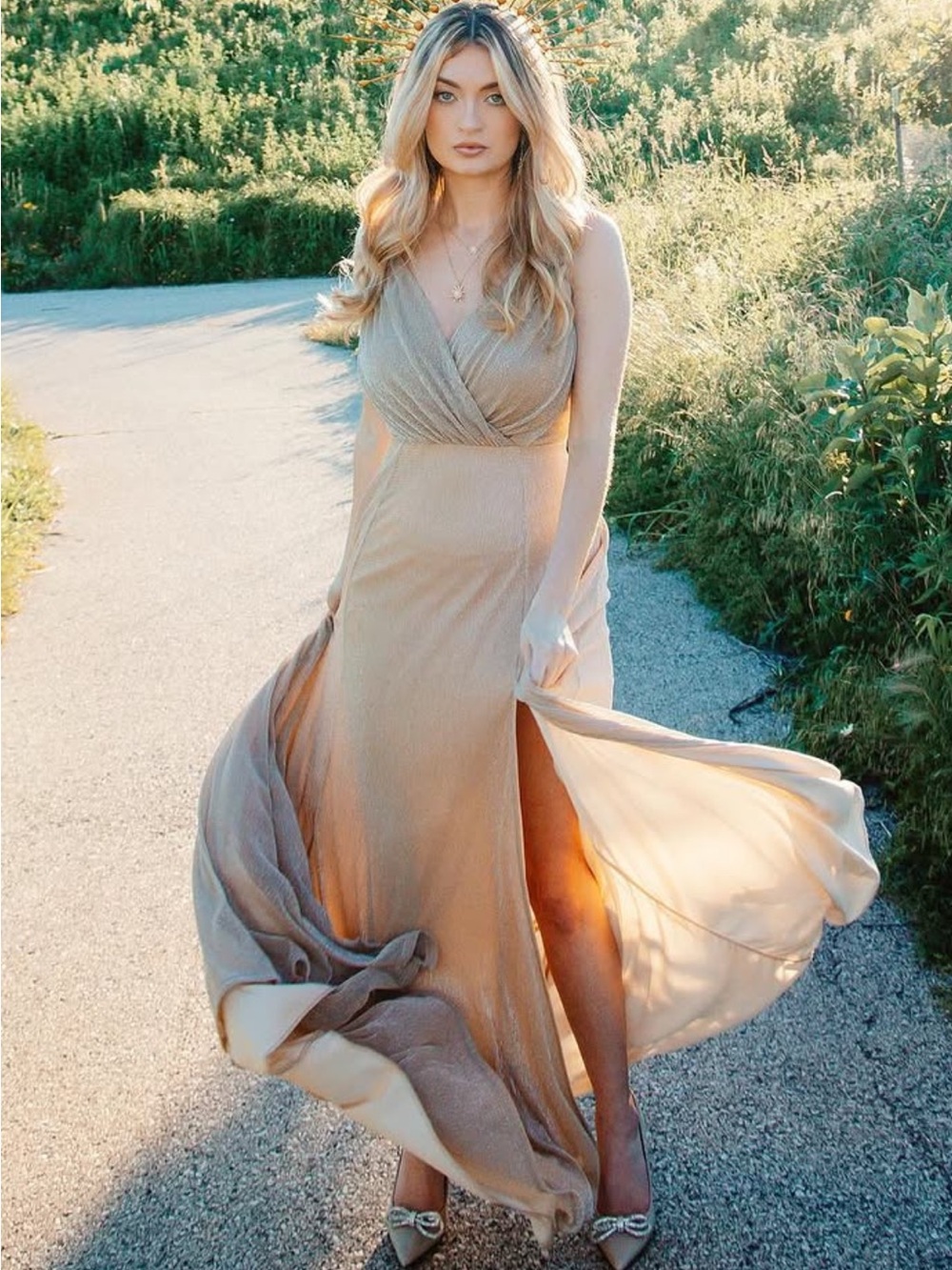 Windsor Champagne Shimmer Spaghetti Strap Prom Dress